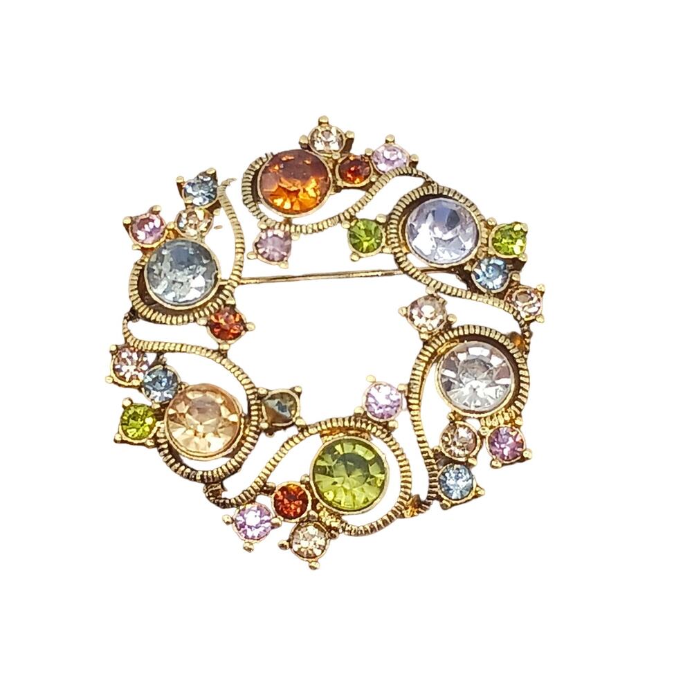Vintage Monet Rhinestone Wreath Brooch Pin Gold Tone Fall Green Blue Pink Brown